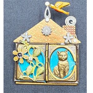 Vintage Steampunk Mixed Media House Brooch Unsigned Artisan Assemblage Cat Pin